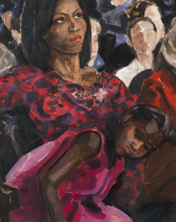 Elizabeth Peyton Michelle and Sasha Obama (Listening to Barack Obama) at the Democratic National Convention August 2008, 2008 Oil on panel 14 1/4 x 11 1/4 inches