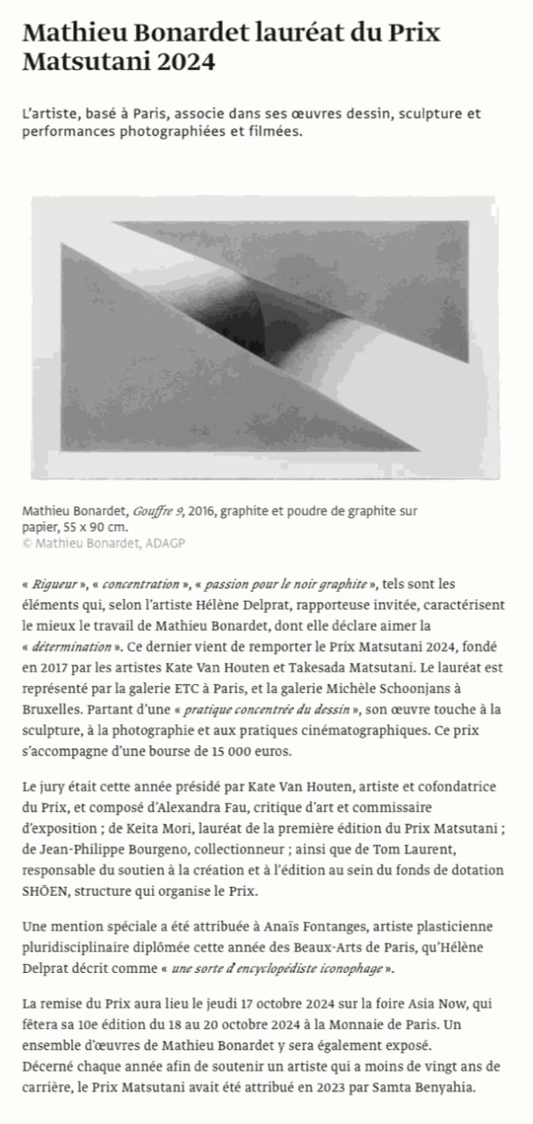 The Art Newspaper - Mathieu Bonardet lauréat du Prix Matsutani 2024