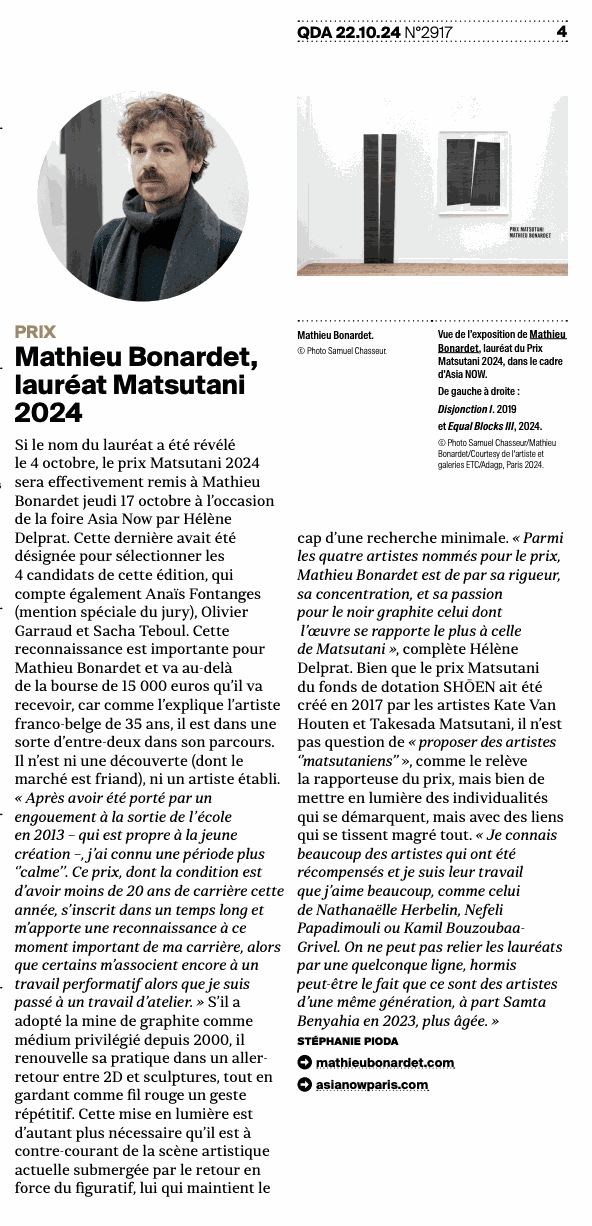 Quotidien de l'art - Mathieu Bonardet, lauréat Matsutani 2024