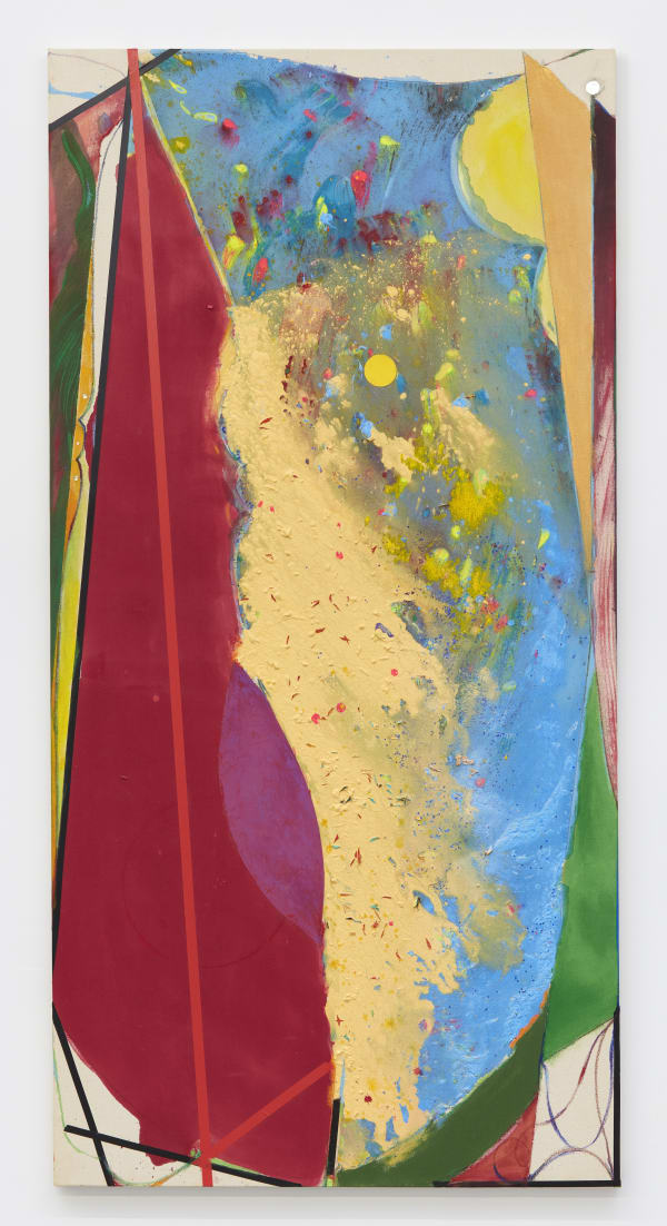 Carl E. Hazlewood, BlackHead Anansi - Archipelago of Desire, 2022, acrylic polymer emulsion, powdered pigments, oil pastel, tape, with collage on canvas, faux diamonds, 80 x40 inches, 203.2 x 101.6 cm