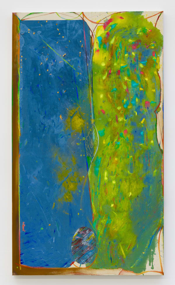 Carl E. Hazlewood, BlackHead - Green Venus Birth, 2022, acrylic polymer, emulsion, powdered pigments, oil pastel, tape, gold cord, with collage on canvas, 70 x 40 inches, 177.8 x 101.6 cm