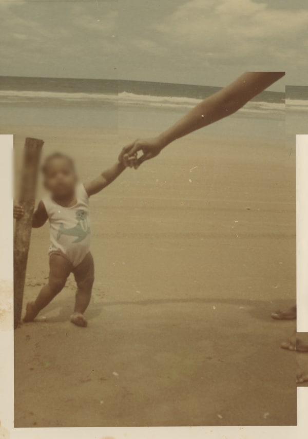 Collaged photograph of standing infant with arm stretched out, holding someone else's hand coming into the frame. This other person's arm is their only visible body part.