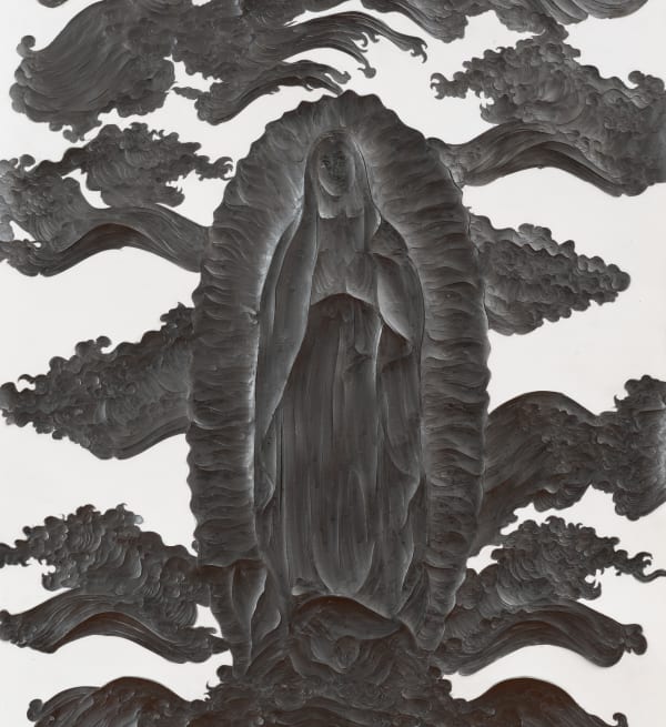 Graphite drawing depicting the Virgin of Guadalupe. She stands in the center of the work surrounded by rolling clouds