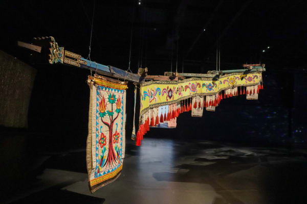 Citra Sasmita, Timur Merah Project XII: Rivers With No End, 2023 Wooden Pillars, fabric Size variable