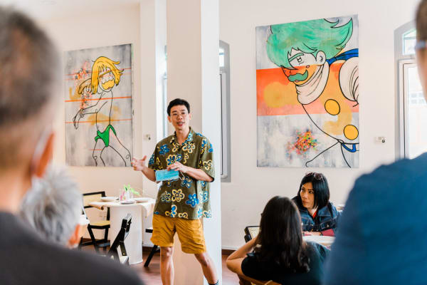 Artist Wong Lip Chin (centre) giving an informal talk at Crane Joo Chiat to guests of Yeo Workshop art gallery. PHOTO: AHMAD ISKANDAR