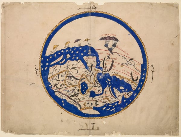 A world map made by 12th-century Islamic cartographer al-Idrisi in 1152. This version is from a 16th-century (1553 AD) manuscript of al-Idrisi's description of the world. The manuscript contains the complete text of al-Idrisi's medieval Arabic geography, and describes the known world from the equator to the latitude of the Baltic Sea, and from the Atlantic to Siberia. The map is drawn facing south—upside-down from the modern orientation. Photo: © Bodleian Libraries, University of Oxford Oxford. Source: Bodleian Library MS. Pococke 375: https://digital.bodleian.ox.ac.uk/objects/ced0d8bd-1019-4af2-9086-e411115f1507/