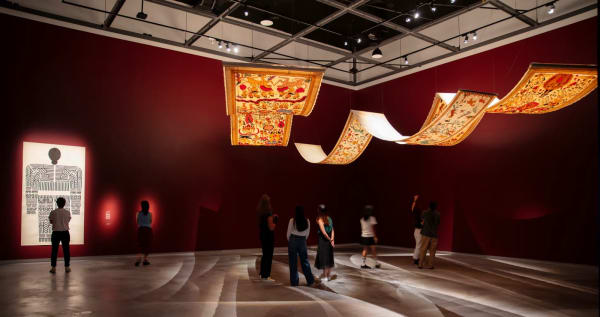 Citra Sasmita, Timur Merah Project X: Bedtime Story, 2023, acrylic on traditional Kamasan canvas, oak dowels, Dimensions variable. Image courtesy David Young.