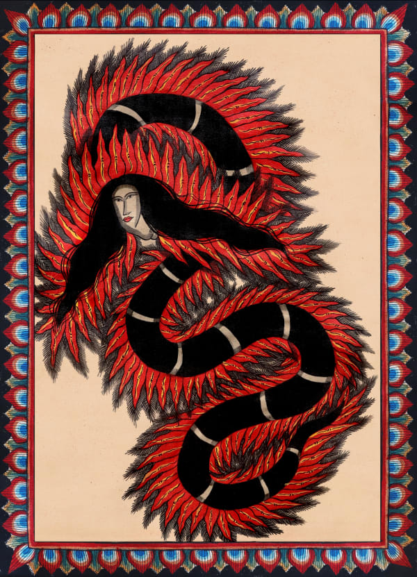 Citra Sasmita, Fragments from Book of Fire 1, 2024. Acrylic painting on Kamasan traditional canvas, 45.5 x 31.5 cm. Courtesy : the artist and Yeo Workshop