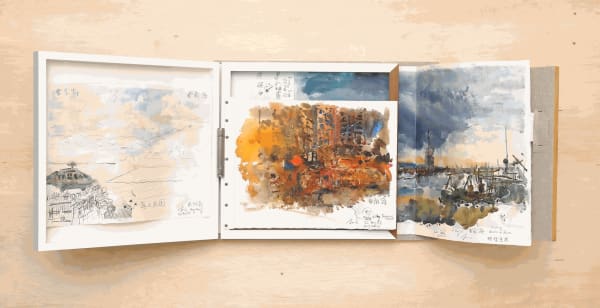 Ng Joon Kiat, Looking at the South China Sea. The Sea has No Country 2, 2024, Wooden frames, screws, board, linen, watercolor on paper, 110 x 41 x 46 cm. Image courtesy of the artist.