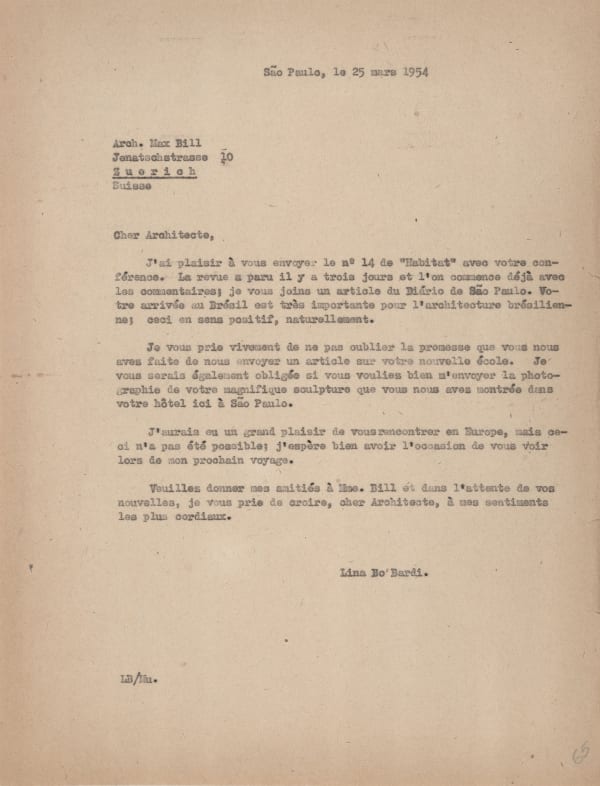 Max Bill, Letter from Lina Bo Bardi to Max Bill, March 25, 1954., 1954