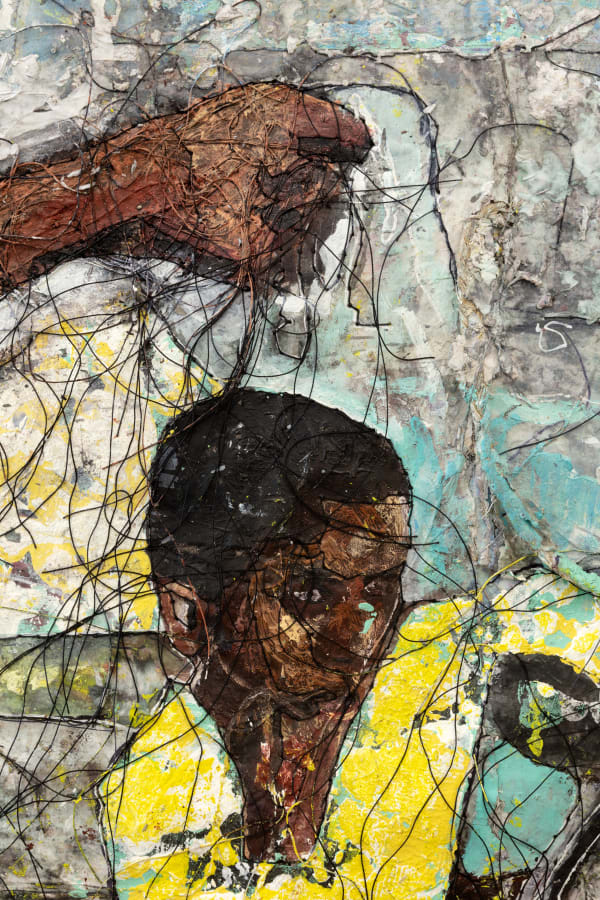 detail view of a work by Kaloki Nyamai, featuring a boy