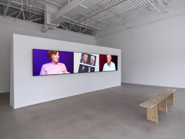 installation view of Eileen Maxson's show Parent trap, three screens mounted on a wall