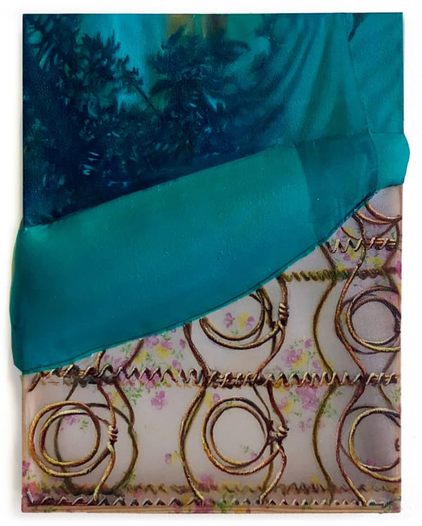 mixed media painting of a forest and under side of a bed