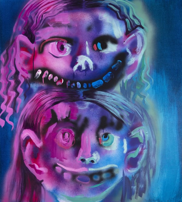 painting by Natalie Westbrook of two female heads mounted like a totum one on top of another
