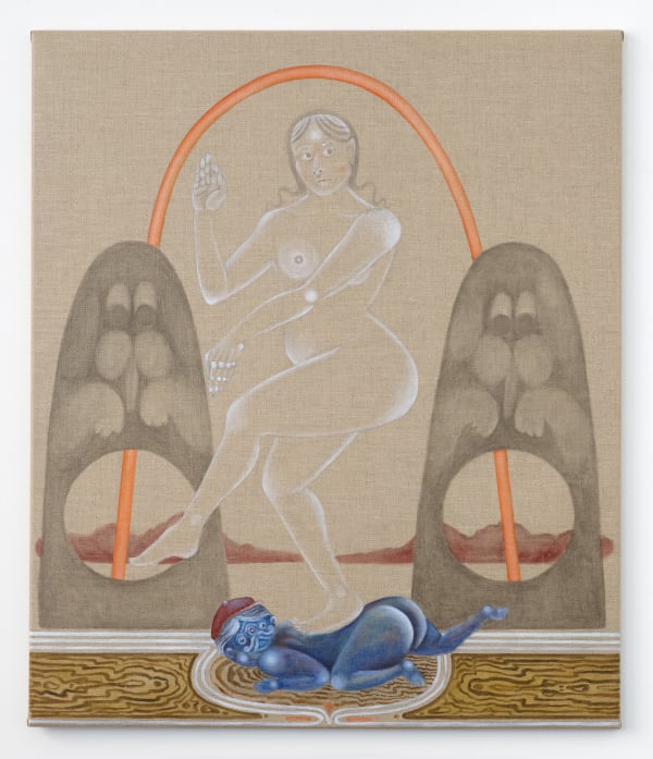 fantastical scene of a woman standing on a monster surrounded by two pilars