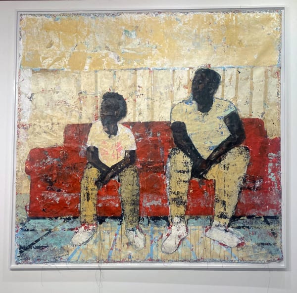unstretched canvas, depiction of a father and son seated on a couch. created by Kaloki Nyamai