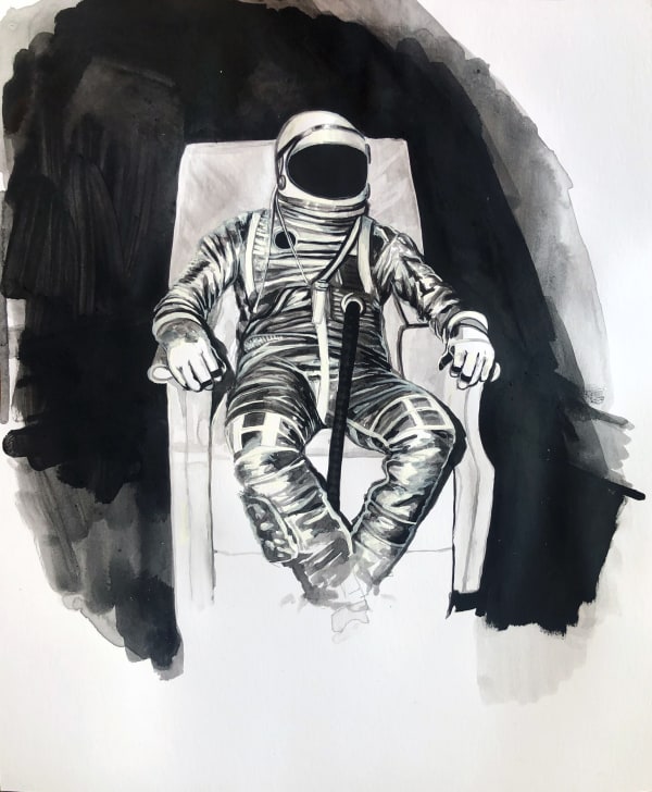 astronaut seated in a lazy chair an ink drawing by William Burton Binnie
