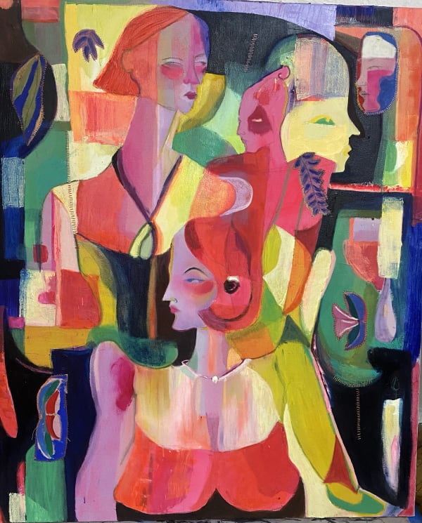 painting of three women within abstract color field