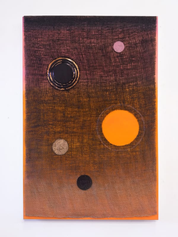 Colorful circles on a rough textured textiel over a stretched canvas by Lisa Beck