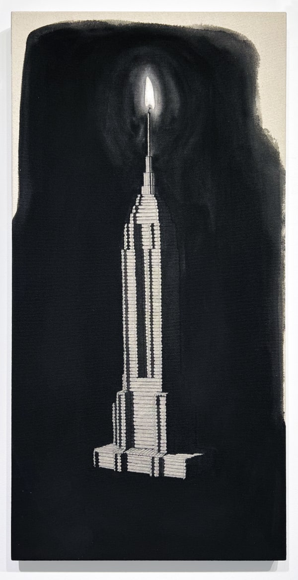 WIlliam Burton Binnie - painting of the empire state out of wood logs