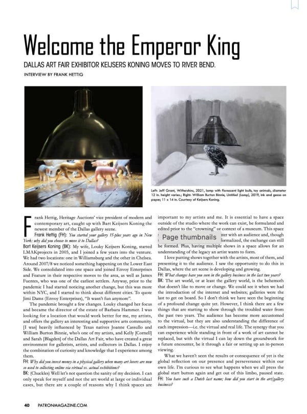 Page from the magazine Patron featuring gallery interview