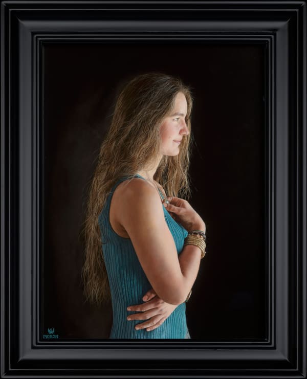 Portrait of Emma wearing a Kenyan Bracelet, Oil on Panel, by Charles Moxon