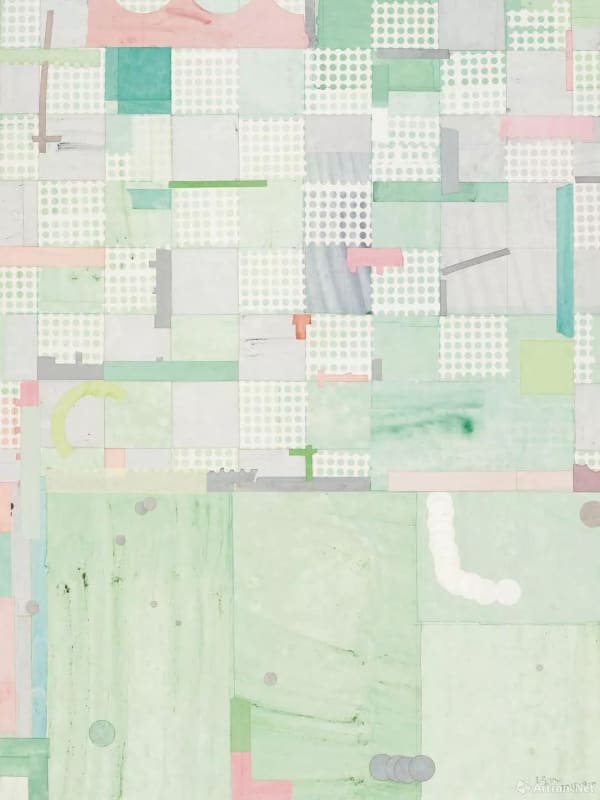 Collage with different squares colored green and white and pink 