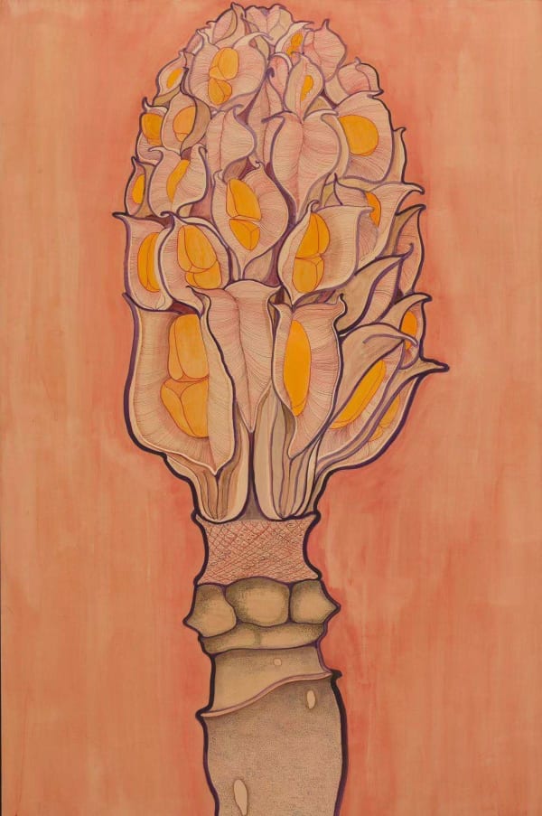 Chen Duxi's ink on silk floral painting of the Magnolia Delavayi's bud on an orange background