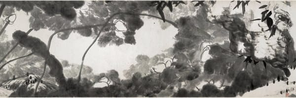 A black and white ink painting of a lotus flower and a leaves