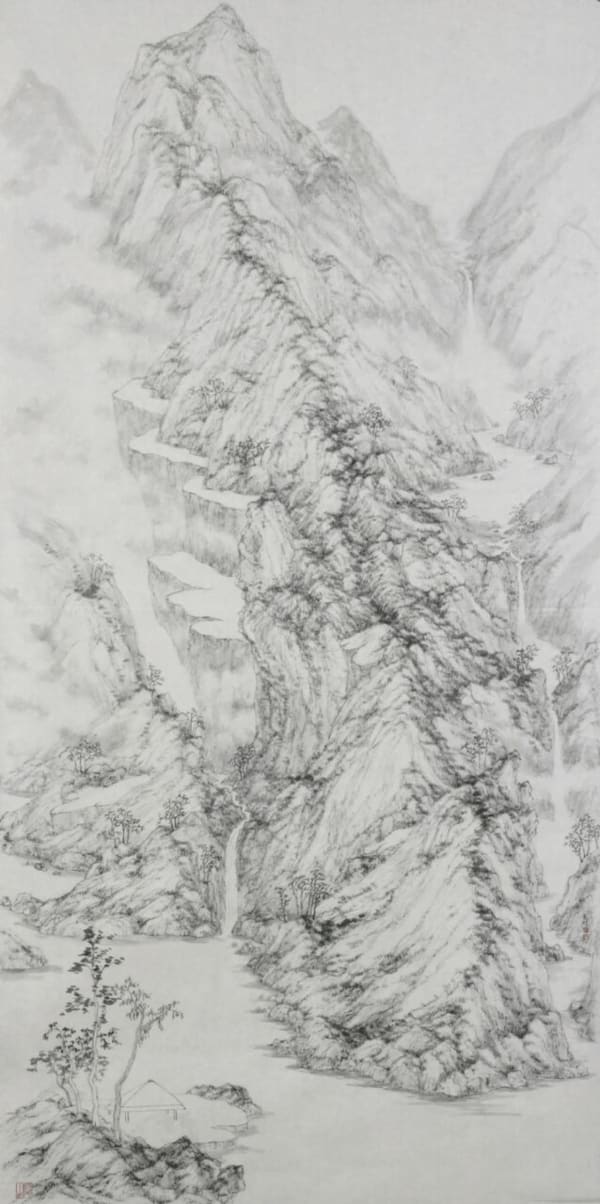 A drawing of a mountain in black and white