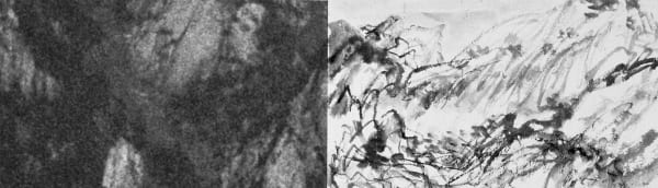 A picture containing ink painting on the left and black and white photography on the right, abstract line, depicts mountain 