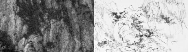 A picture containing ink painting on the left and black and white photography on the right, abstract line, depicts mountain 