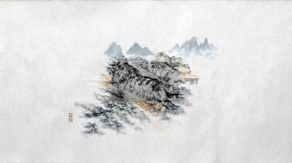 A black square photography of the detail of the mountain printed in the middle of mountains that printed in color