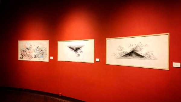 A group of paintings on a red wall