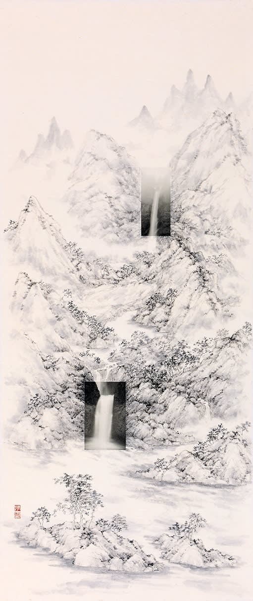 A landscape painting with a vertical composition, in which two sections of waterfalls with running water are photo-printed