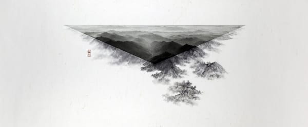 a photography printed in triangle shape and the mountain painting expand on the edge