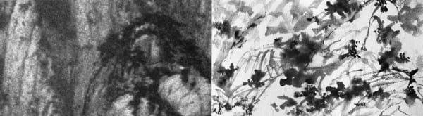 A picture containing ink painting on the left and black and white photography on the right, abstract line, depicts mountain 