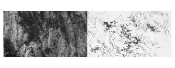 A picture containing ink painting on the left and black and white photography on the right, abstract line, depicts mountain 