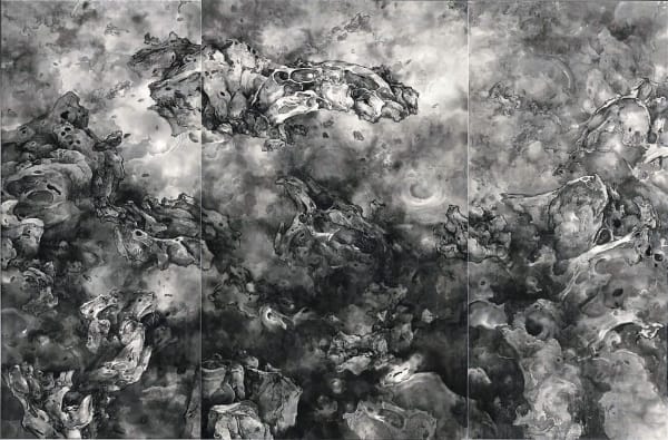 A triptych work depicting a meteorite floating and cascading in a chaotic landscape