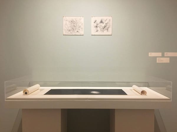 Two works hang on the wall, and a scroll is displayed on the showcase in front of it