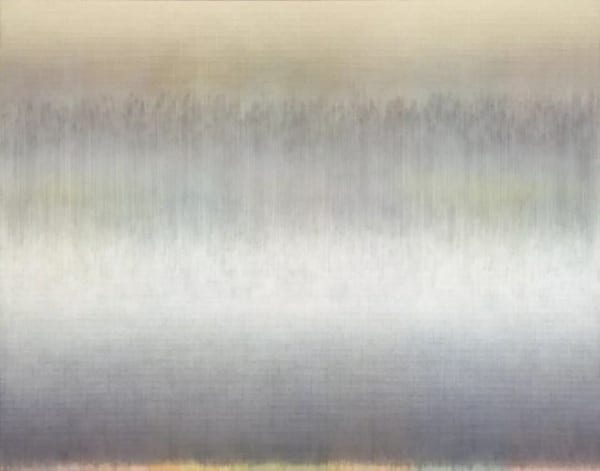 Gradation of brown tones to lime green to gray, depicted by layered strokes