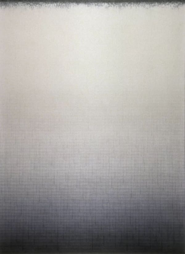 Gradation of brown tones to lime green to gray, depicted by layered strokes