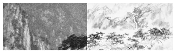A picture containing ink painting on the right and black and white photography on the left, abstract line, depicts mountain 