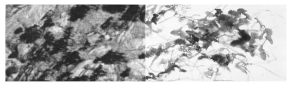 A picture containing ink painting on the right and black and white photography on the left, abstract line, depicts mountain 