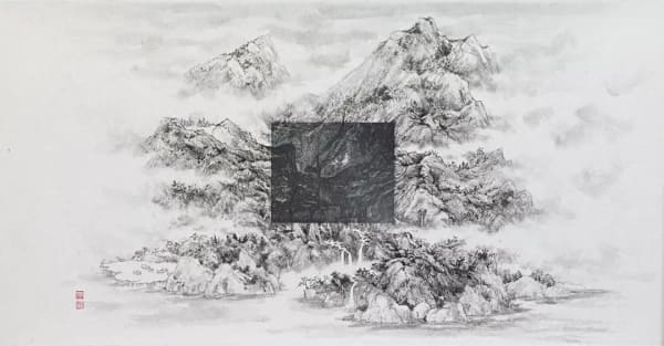 A black square photography printed in the middle of mountains