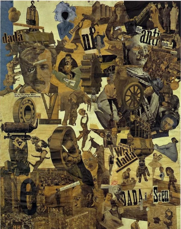 A collage that includes portraits and characters