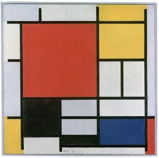 Mondrian Rybb's abstract paintings, with squares of different sizes filled with different colors of red, blue, yellow, white and black in a disorderly manner