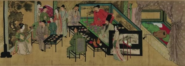 A painting of a group of people sitting at a table watching a woman playing the piano