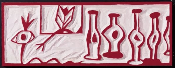 A woodcut sculpture, like a red and white seal