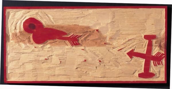 A woodcut sculpture, like a red and white seal